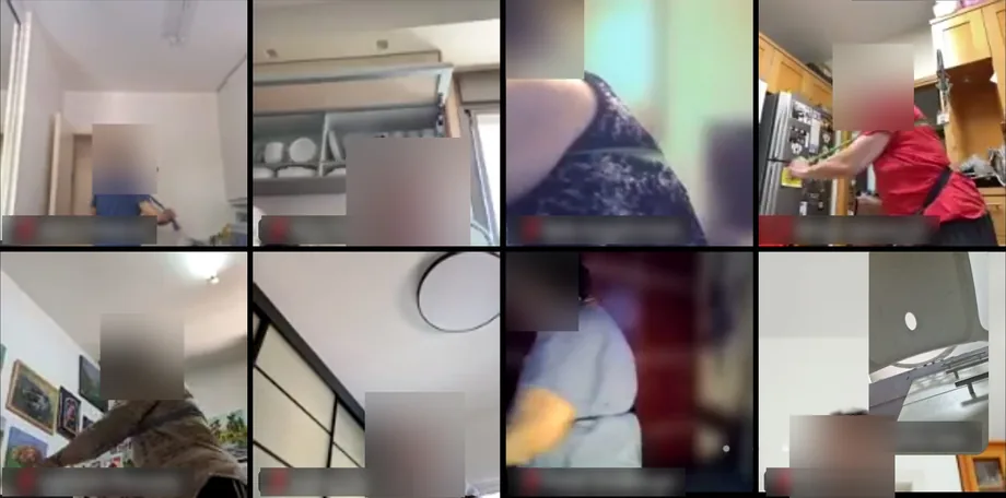 משתתפי המועדון מתרגלים יחד במפגש הזום השבועי, כל אחד מהבית